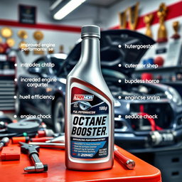 A sleek bottle of octane booster sitting on a vibrant garage workbench surrounded by tools and car parts, highlighting its benefits such as improved engine performance, increased horsepower, enhanced fuel efficiency, and reduced engine knock