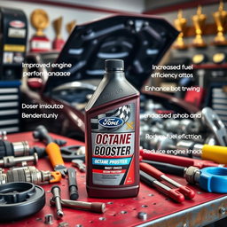 A sleek bottle of octane booster sitting on a vibrant garage workbench surrounded by tools and car parts, highlighting its benefits such as improved engine performance, increased horsepower, enhanced fuel efficiency, and reduced engine knock