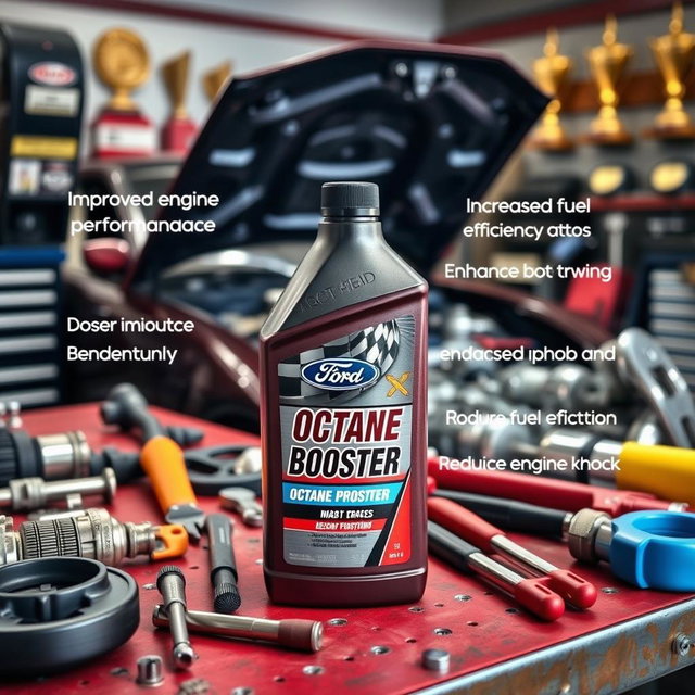 A sleek bottle of octane booster sitting on a vibrant garage workbench surrounded by tools and car parts, highlighting its benefits such as improved engine performance, increased horsepower, enhanced fuel efficiency, and reduced engine knock