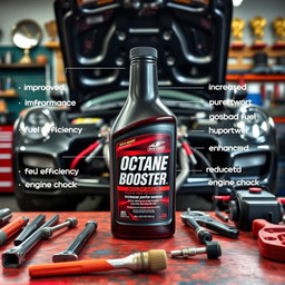A sleek bottle of octane booster sitting on a vibrant garage workbench surrounded by tools and car parts, highlighting its benefits such as improved engine performance, increased horsepower, enhanced fuel efficiency, and reduced engine knock