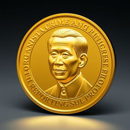 A stunning design of a golden cryptocurrency coin featuring the face of Indonesian President Jokowi
