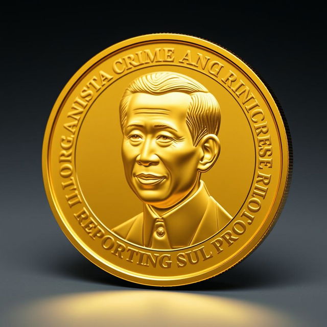 A stunning design of a golden cryptocurrency coin featuring the face of Indonesian President Jokowi