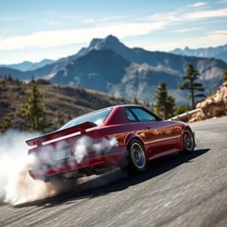 A dynamic scene showcasing a Nissan 340 drifting around a sharp corner on a winding mountainous road