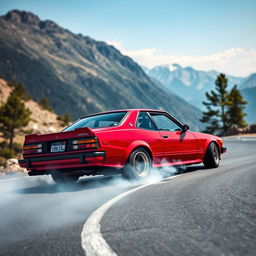 A dynamic scene showcasing a Nissan 340 drifting around a sharp corner on a winding mountainous road