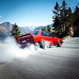 A dynamic scene showcasing a Nissan 340 drifting around a sharp corner on a winding mountainous road