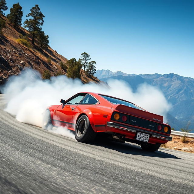A dynamic scene showcasing a Nissan 340 drifting around a sharp corner on a winding mountainous road