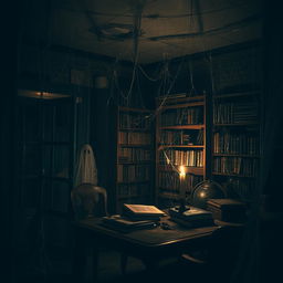 A spooky study room filled with cobwebs, featuring shadowy corners and ominous lighting