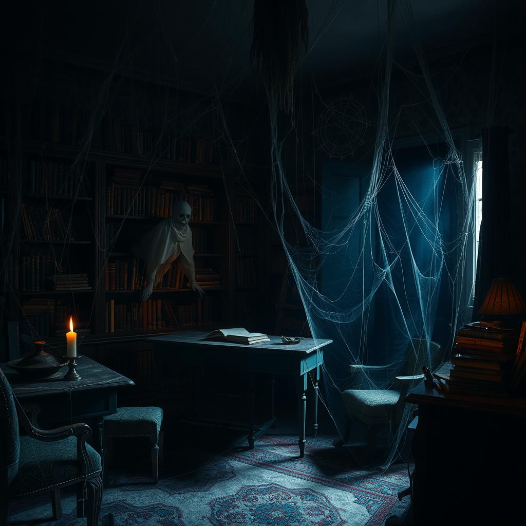 A spooky study room filled with cobwebs, featuring shadowy corners and ominous lighting