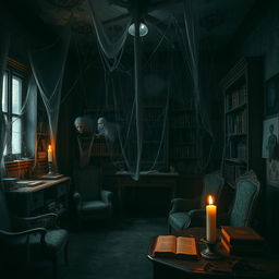A spooky study room filled with cobwebs, featuring shadowy corners and ominous lighting