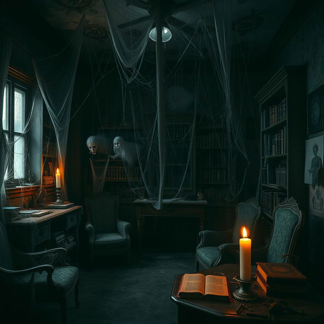 A spooky study room filled with cobwebs, featuring shadowy corners and ominous lighting