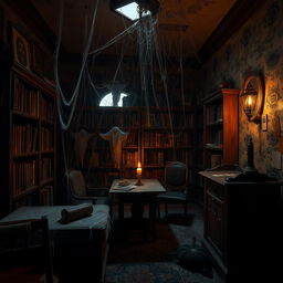 A spooky study room filled with cobwebs, featuring shadowy corners and ominous lighting