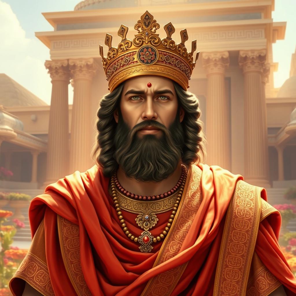 A majestic portrait of Cyrus the Great, the ancient Persian king, depicted with powerful symbolism