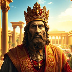 A majestic portrait of Cyrus the Great, the ancient Persian king, depicted with powerful symbolism