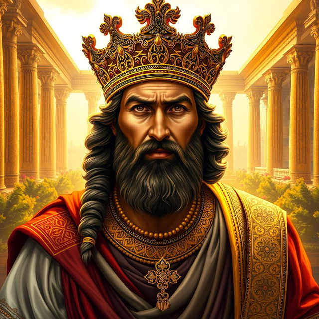 A majestic portrait of Cyrus the Great, the ancient Persian king, depicted with powerful symbolism