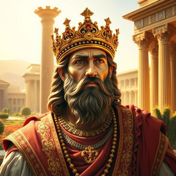 A majestic portrait of Cyrus the Great, the ancient Persian king, depicted with powerful symbolism
