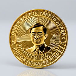 A highly detailed and artistic representation of a gold cryptocurrency coin featuring the likeness of President Joko Widodo prominently displayed at the center
