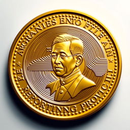 A highly detailed and artistic representation of a gold cryptocurrency coin featuring the likeness of President Joko Widodo prominently displayed at the center