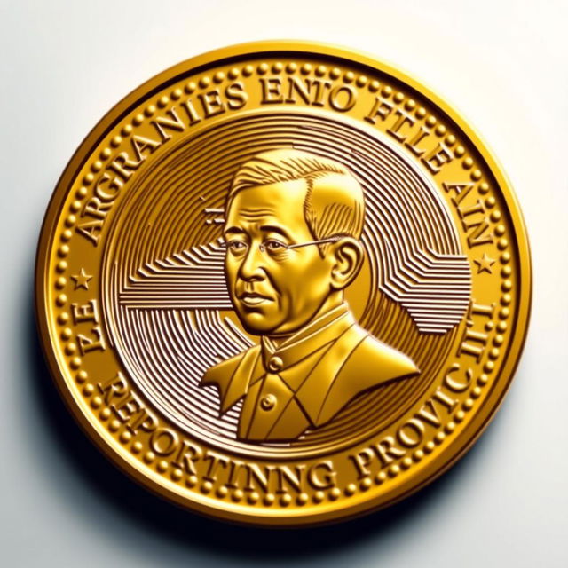 A highly detailed and artistic representation of a gold cryptocurrency coin featuring the likeness of President Joko Widodo prominently displayed at the center