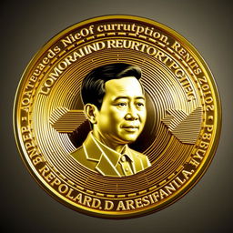 A highly detailed and artistic representation of a gold cryptocurrency coin featuring the likeness of President Joko Widodo prominently displayed at the center