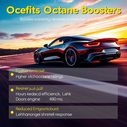 An informative graphic illustrating the benefits of octane boosters, featuring a sleek modern car in dynamic motion, symbolizing increased performance
