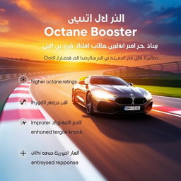 An informative graphic illustrating the benefits of octane boosters, featuring a sleek modern car in dynamic motion, symbolizing increased performance
