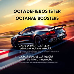 An informative graphic illustrating the benefits of octane boosters, featuring a sleek modern car in dynamic motion, symbolizing increased performance