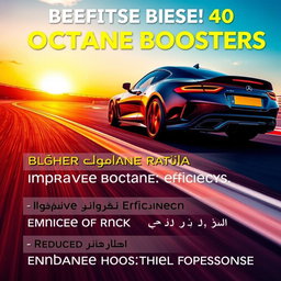 An informative graphic illustrating the benefits of octane boosters, featuring a sleek modern car in dynamic motion, symbolizing increased performance