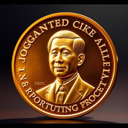 A shining gold coin featuring a detailed portrait of President Joko Widodo (Jokowi) with a proud expression