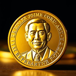 A shining gold coin featuring a detailed portrait of President Joko Widodo (Jokowi) with a proud expression