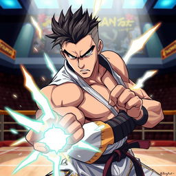 An anime-style illustration of Alex Pereira, a muscular fighter with striking features and an intense expression