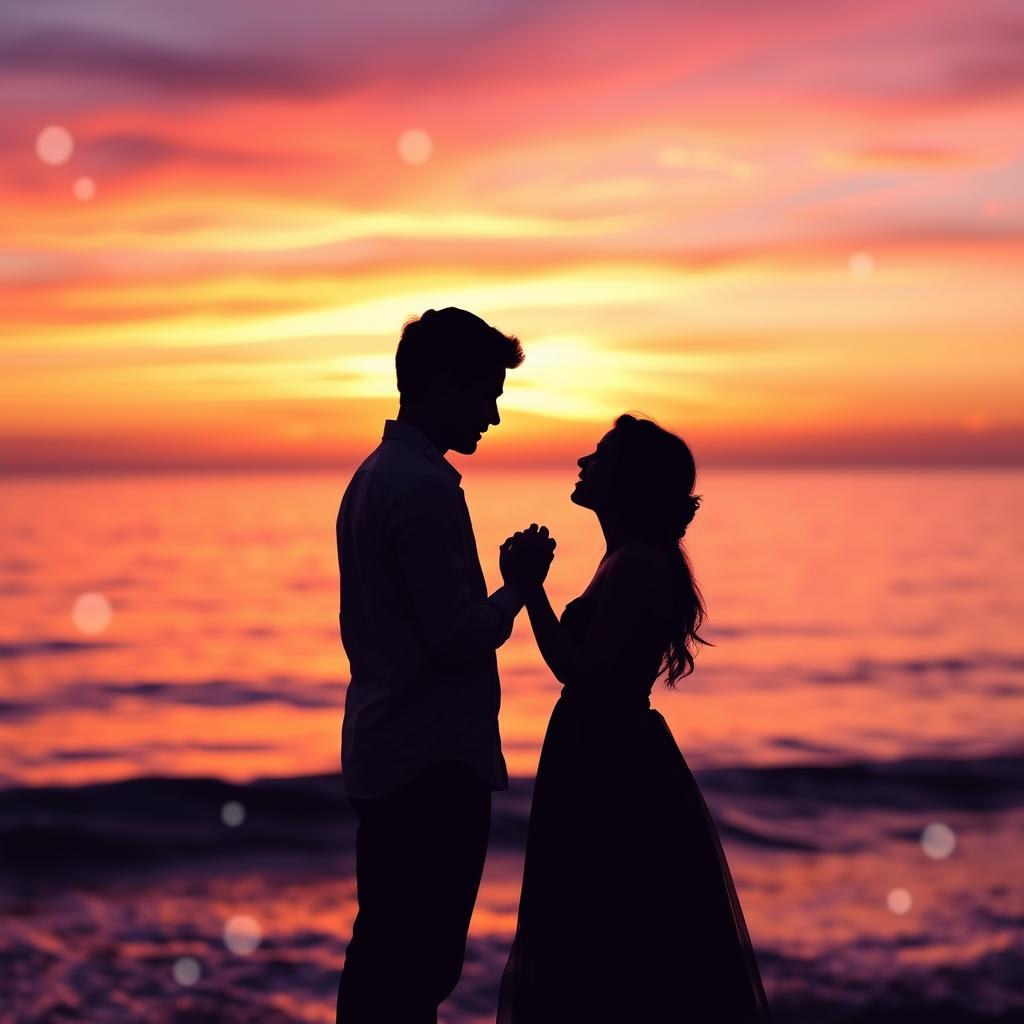 A beautiful representation of love depicted as two silhouettes against a breathtaking sunset, their hands intertwined, capturing a moment of pure romance