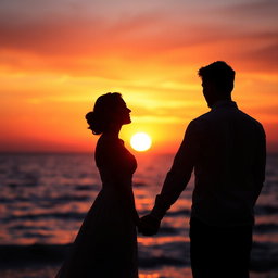 A beautiful representation of love depicted as two silhouettes against a breathtaking sunset, their hands intertwined, capturing a moment of pure romance