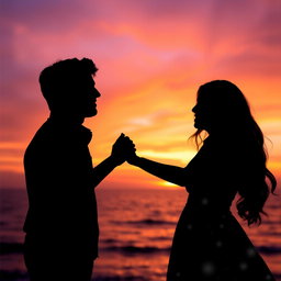 A beautiful representation of love depicted as two silhouettes against a breathtaking sunset, their hands intertwined, capturing a moment of pure romance