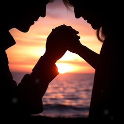 A beautiful representation of love depicted as two silhouettes against a breathtaking sunset, their hands intertwined, capturing a moment of pure romance