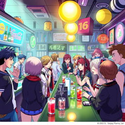 A vibrant and dynamic anime-style bar setting filled with various characters enjoying their time