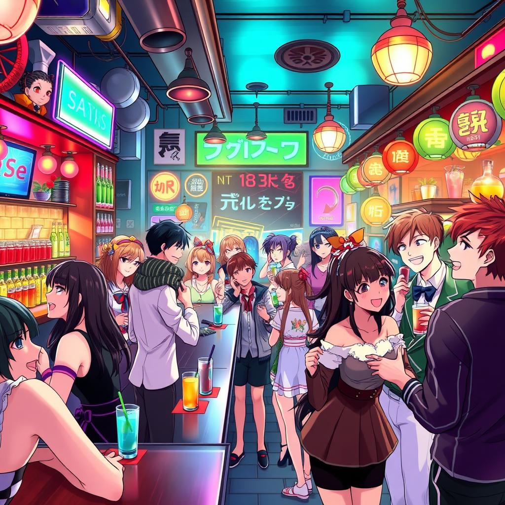 A vibrant and dynamic anime-style bar setting filled with various characters enjoying their time