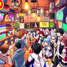 A vibrant and dynamic anime-style bar setting filled with various characters enjoying their time