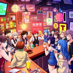 A vibrant and dynamic anime-style bar setting filled with various characters enjoying their time