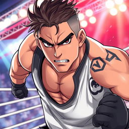 An anime-style illustration of Ilia Topuria, a muscular mixed martial artist with a fierce expression and distinctive features
