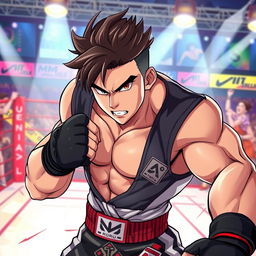 An anime-style illustration of Ilia Topuria, a muscular mixed martial artist with a fierce expression and distinctive features