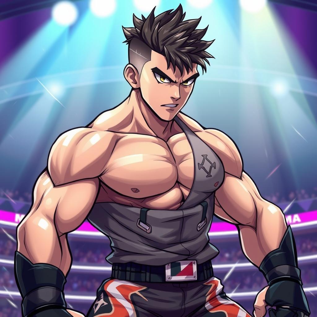 An anime-style illustration of Ilia Topuria, a muscular mixed martial artist with a fierce expression and distinctive features