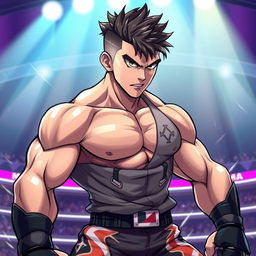 An anime-style illustration of Ilia Topuria, a muscular mixed martial artist with a fierce expression and distinctive features