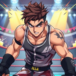 An anime-style illustration of Ilia Topuria, a muscular mixed martial artist with a fierce expression and distinctive features