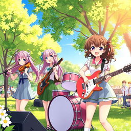 A vibrant and energetic scene depicting a group of anime girls joyfully playing musical instruments together