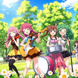 A vibrant and energetic scene depicting a group of anime girls joyfully playing musical instruments together