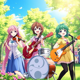 A vibrant and energetic scene depicting a group of anime girls joyfully playing musical instruments together