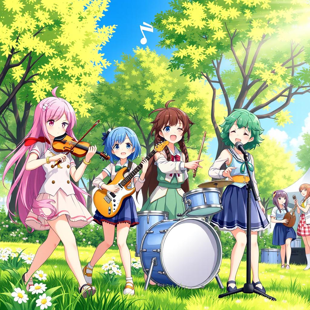 A vibrant and energetic scene depicting a group of anime girls joyfully playing musical instruments together
