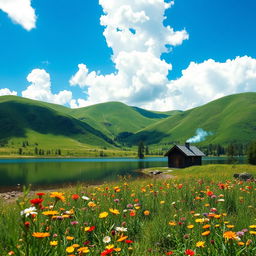 A serene landscape featuring lush green hills under a bright blue sky, dotted with fluffy white clouds