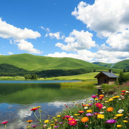 A serene landscape featuring lush green hills under a bright blue sky, dotted with fluffy white clouds