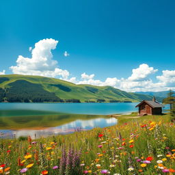 A serene landscape featuring lush green hills under a bright blue sky, dotted with fluffy white clouds